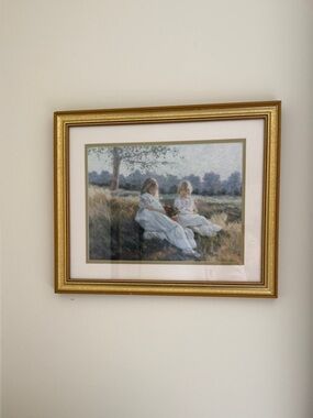 Gold Framed Pastoral Print of girls Wall Art - White & Gold